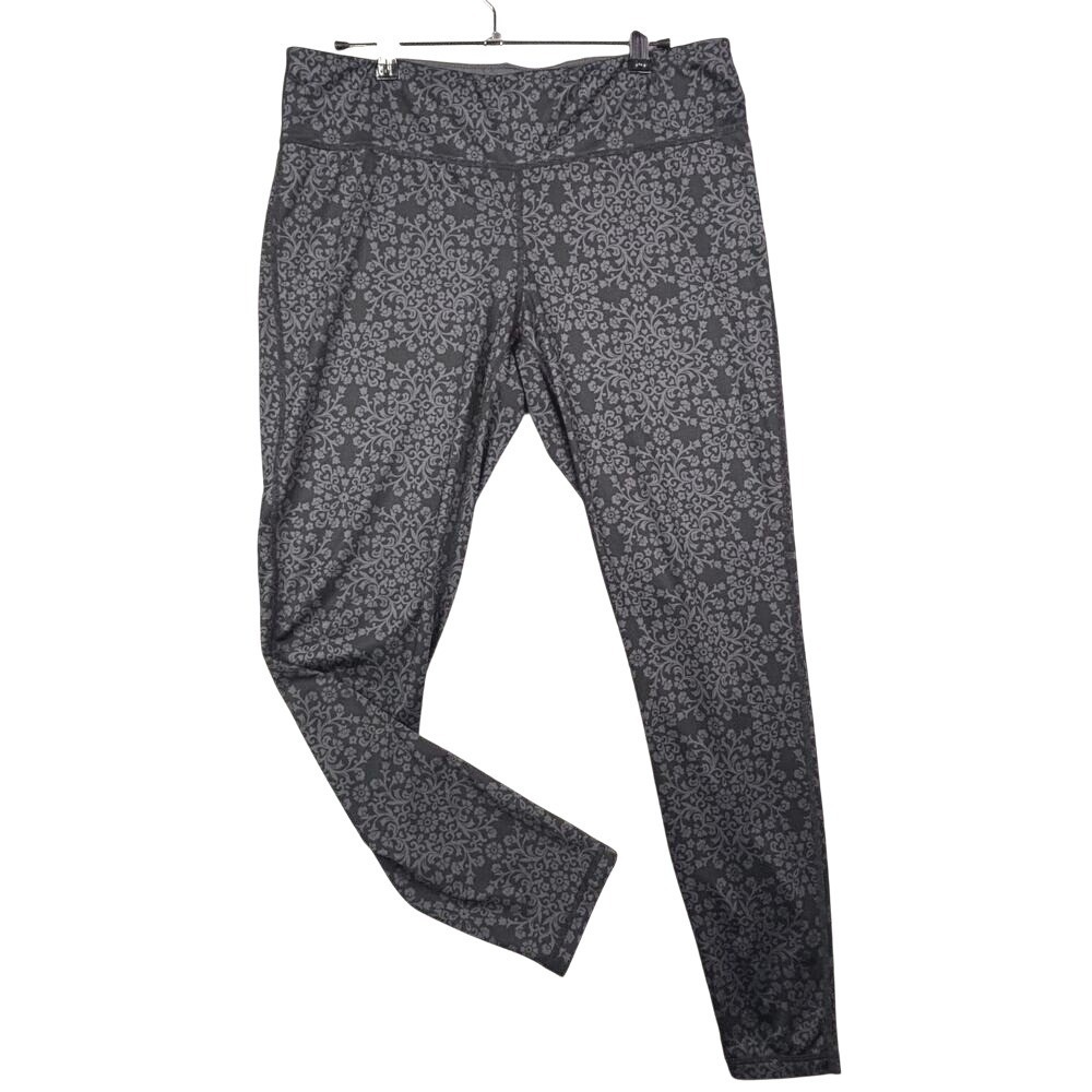 Ideology Womens Large Gray Damask Floral Print Active Leggings Yoga Pants L